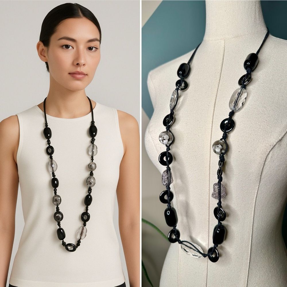 Chunky Murano Style Artisan Glass Bead Necklace Black Clear Gray Mixed Shape 34”